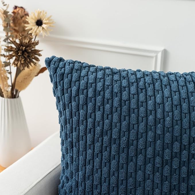 Kevin Textile 14x22 Inch Pillow Cover 1 Pack Boho Decorative Soft Striped Corduroy Lumbar Farmhouse Solid Color Accent Rectangle Cushion Case for Living Room Couch Sofa Bed, Blue