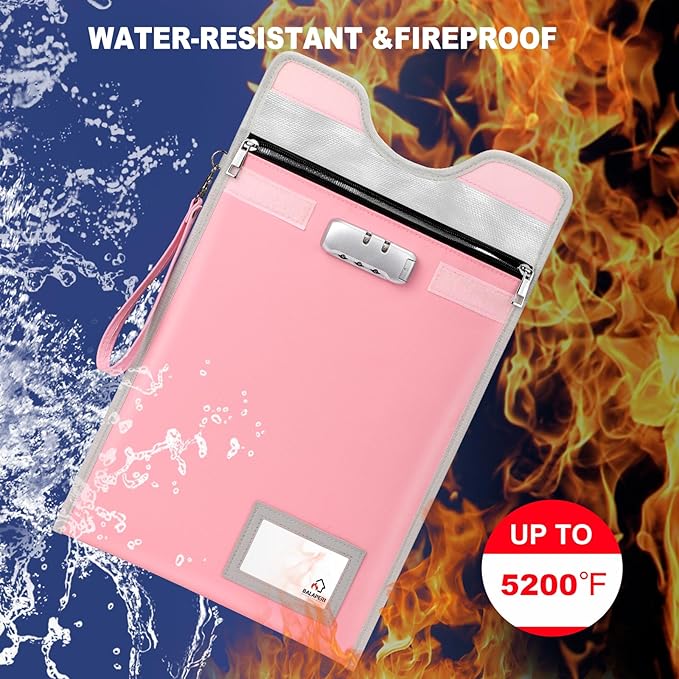 Fireproof Money Bag with Lock (5200℉), 15”x 11”Important Document Organizer Bag, Travel Money Pouch for Valuables,Money,Jewelry,Legal Documents,File and Tablet(Pink)