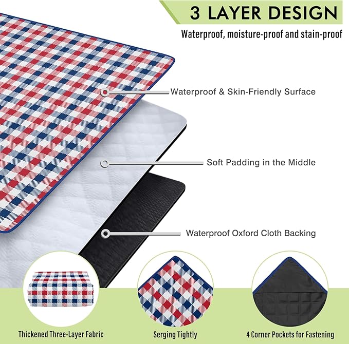 Independence Day Picnic Blankets Waterproof Foldable, Fourth of July Packable Picnic Mat Large Outdoor Blanket for Grass, Sandproof Picnic Accessories for Festival Party Beach Tent Lawn