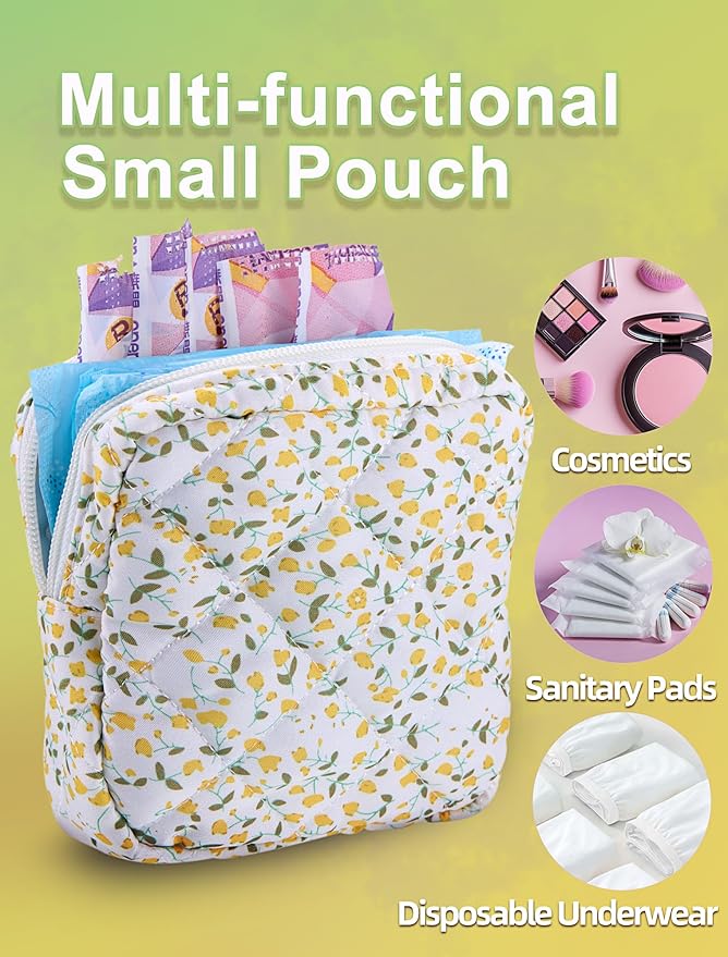 Period Bag for Girls, Quilted Period Pouch for Women, Floral Sanitary Napkin Storage Bag Menstrual Pad Pouches Tampon Holder for Purse Pad Bag Gifts for Teen Girls(Yellow)