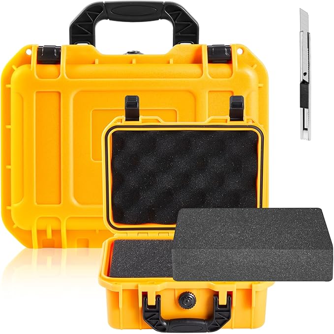 Relaxweex 1 Pcs Waterproof Hard Case with DIY Customizable Foam Insert Portable Protective Case with Knife for Camera Drones Equipments Tools Test Instruments(Yellow,8.5 x 6.5 x 3.7 Inch)