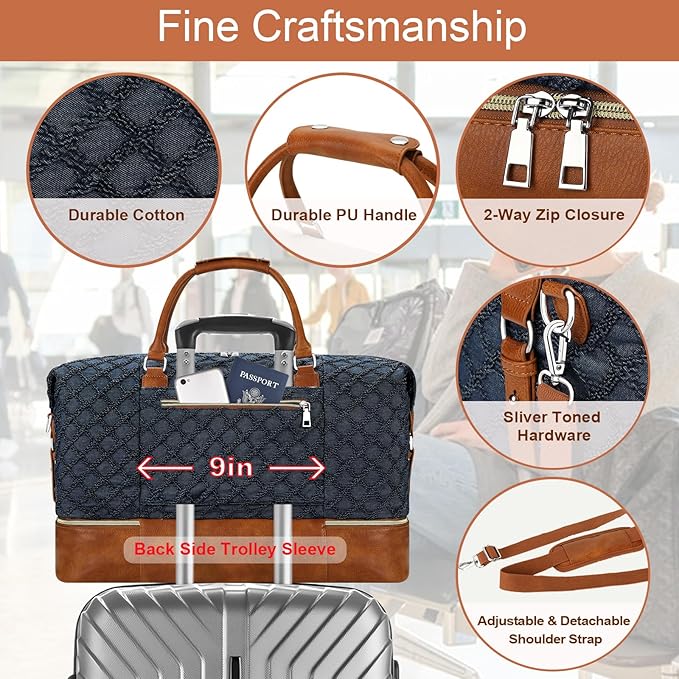 ITIEZY Weekender Overnight Bag for Women - Large Travel Duffel Bag with Shoe Compartment, Gym Duffel Bag Hospital Bag Carry On Tote Bags for Airplanes with Crossbody Bag Toiletry Bag 3Pcs Set