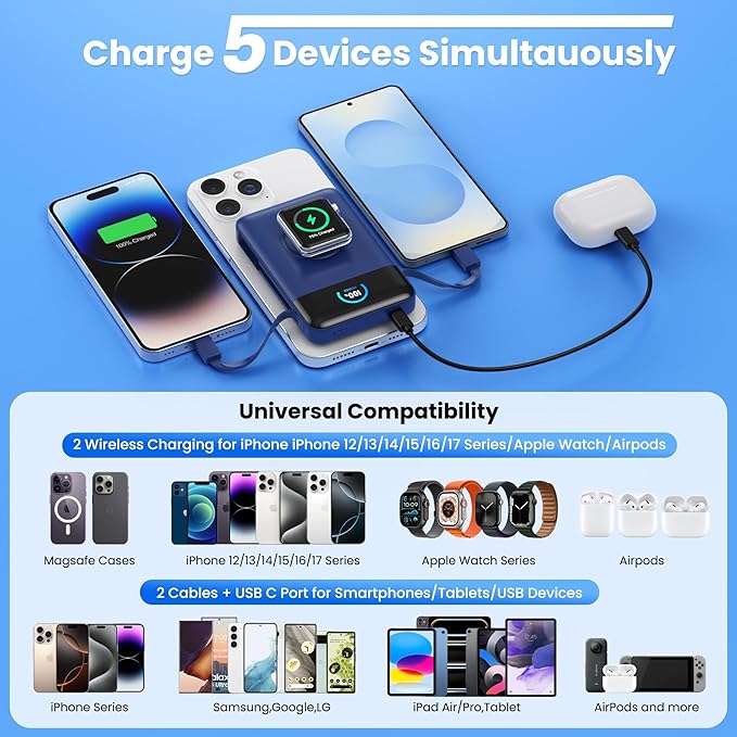 Ekrist Magnetic Portable Charger for MagSafe with Built-in Cable,iWatch Charger,Wireless Power Bank Travel Essentials,25W Fast Charging Battery Pack for iPhone 17/16/15,Apple Watch(Blue,10800mAh)