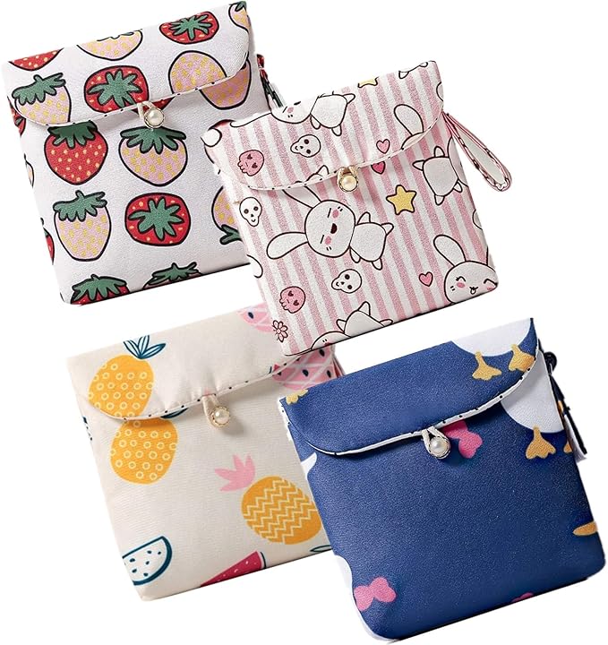 4 Pcs Cute Cotton Sanitary Napkins Bag, Menstrual Cup Pouch, Nursing Pad Holder, 5.1 x 5.1 inch Washable Organizer, Multifunction Purse for Girls Women (B)