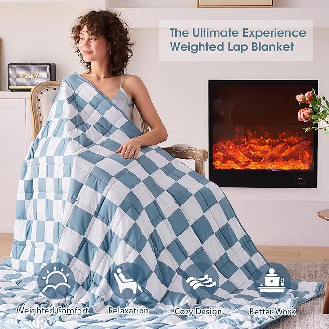 Blue Checkered Weighted Blanket for Adults 20lbs, 60"x80" Queen Size, Cooling Heavy Blanket for 180-220lbs with Premium Glass Beads, Soft Thick Big Blankets for All-Season Sleeping Comfort Breathable