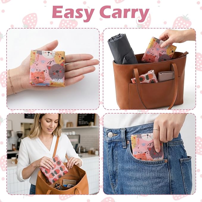 Ouligay 3 PCS Foldable Reusable Shopping Bags Foldable Grocery Bags 46×40cm Machine Washable Polyester Large Reusable Tote Bag for Daily Shopping Supplies Women Supermarket (1 Cat, 2 Strawberries)