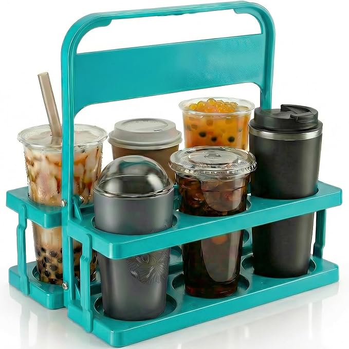 6 Cup Drink Carrier for Delivery - Foldable Drink Holder with Handle, Reusable Cup Carrier for Drinks, Portable Beverage Caddy Accessories for Parties, Camping, Car, Coffee & Bottles (Teal)