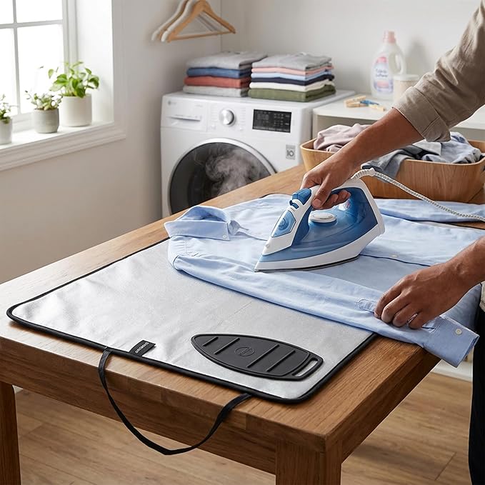 Encasa XO Ironing Mat/Pad - Metallic Silver (Large 48"x28") with 5mm Foam Padding & Silicone Iron Rest for Steam Pressing on Tabletop or Bed - Heat Reflective, Portable, Quilting