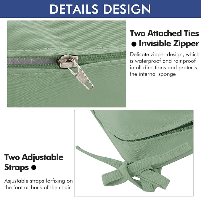 Outdoor Chair Cushions 22 x 22 Inch Water Resistant Patio Chair Cushions with Tie 3 Year Color Fastness Thick Outdoor Seat Cushion for Garden Lawn Patio Furniture Sage Green Set of 2