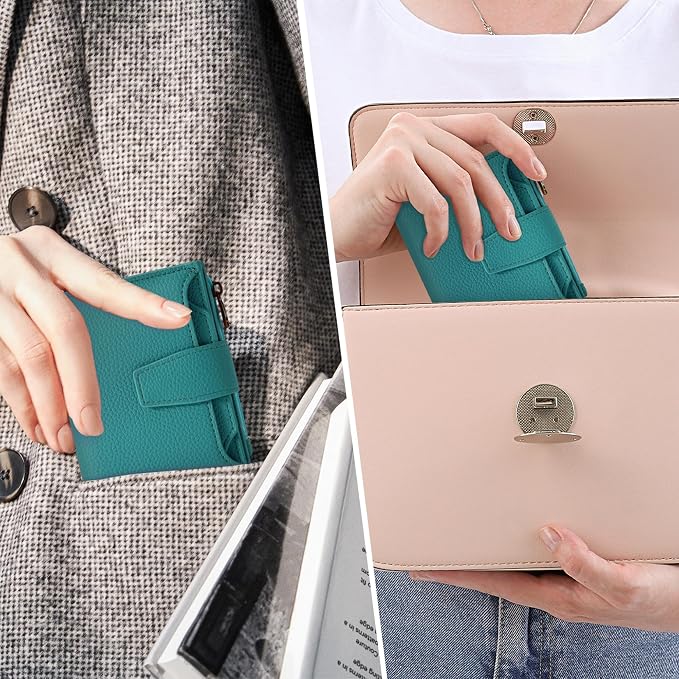Airkit Small Wallet Women RFID Blocking Leather Bifold Compact Card Holder Wallet for Women with Zipper Coin Pocket 4 ID Window