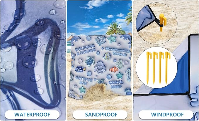 HIHOHO Beach Blanket Waterproof Sandproof Beach Mat 79”x 83” for 1-8 Adults Quick Drying Durable Outdoor Picnic Mat for Beach Festival Travel Camping Hiking (3D Ocean-BL, 79"×83"(4 Person))