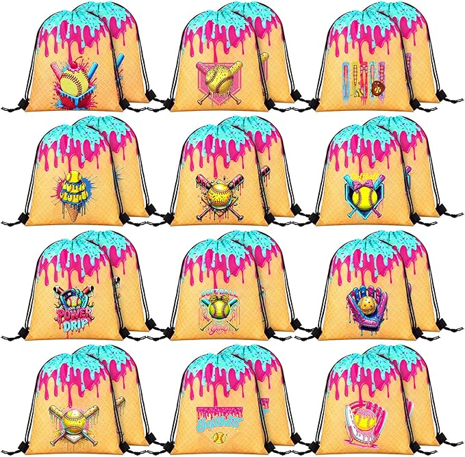 Woanger 24 Pcs Ice Cream Drip Softball Drawstring Bags Bulk 11.81x9.84 Inch Sport Party Favor Backpacks Softball Gift Bags Waterproof Lightweight String Cinch Backpacks for Travel Camp Party
