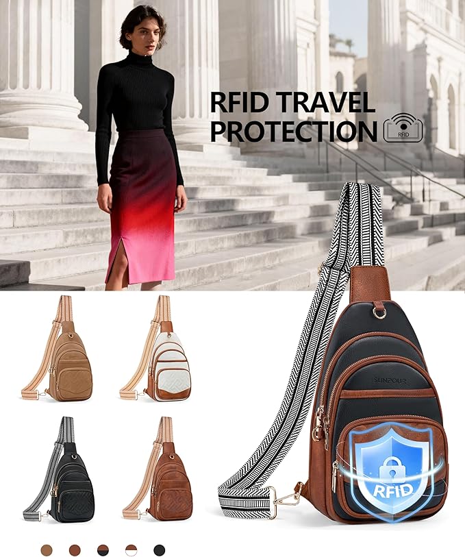 Anti Theft Crossbody Bags for Women, RFID Vegan Leather Sling Purse for Travel, Chest Bag, Cross Body Purses & Fanny Packs(Brown＆Black)