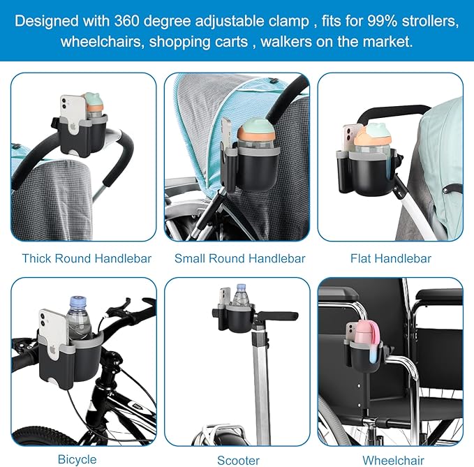Accmor Stroller Cup Holder with Phone Holder, Bike Cup Holder, Universal Cup Holder for Uppababy Nuna Doona Strollers, 2-in-1 Cup Holder for Walker, Wheelchair, Scooter