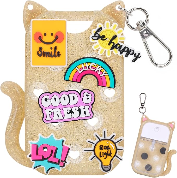 FunisFun Glitter Silicone Holder Case Compatible with Hand Sanitizer Spray 1 Fl. OZ., Cat-shaped Case Keychain with 6 Charms