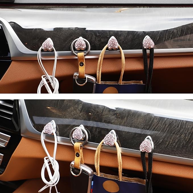 TOMALL Bling Car Hooks 4pcs Heart Shape Accessories Cute Hook for Keys Charging Cable Sunglasses Multifunctional Dashboard Hanging Storage Hook Diamond Accessories for Car for Home DIY Decor (Pink)
