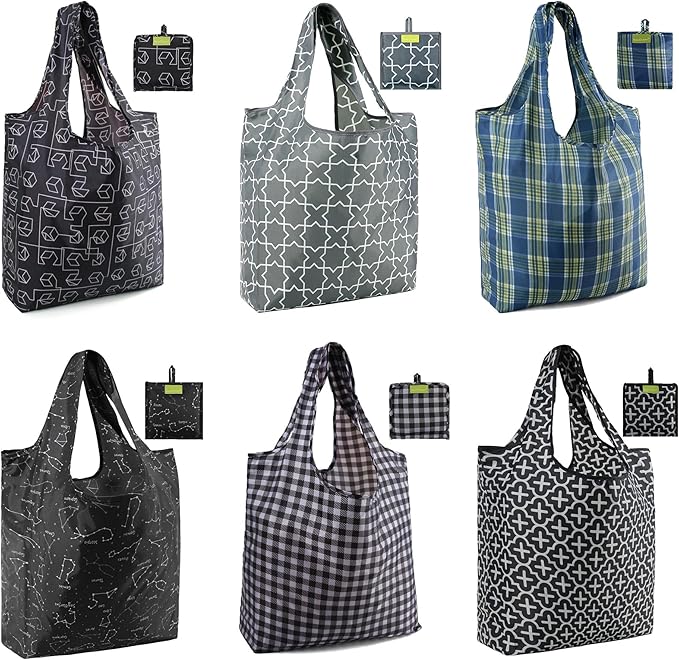 BeeGreen Geometry Reusable Shopping Bags Cute Grocery Bag 6 Pack, Christmas Gift Bags Heavy-Duty Foldable Shopping Totes for Supermarket, Work & Travel, Large Washable Polyester Tote Bag with Handles