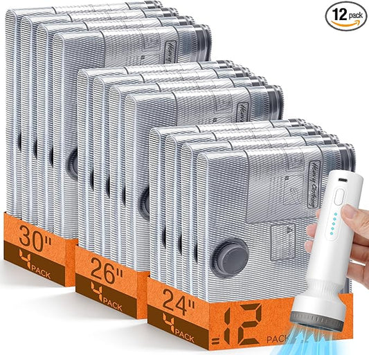 12 Pack Vacuum Storage Bags with Pump, Space Saver Travel Bags with Rechargeable Wireless Pump, Reusable Tear-Proof Compression Packing Cubes for Heavy Clothes/Bedding/Luggage/Moving 12 Combo Size