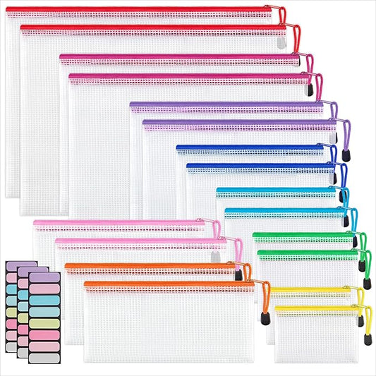 JARLINK 18 Pack 8 Sizes Mesh Pouch, 9 Colors, Waterproof Zipper Bags Document Multipurpose Travel Bags for Office, School, Board Game, Puzzles, Cosmetics, Travel Accessories, and Home Organization