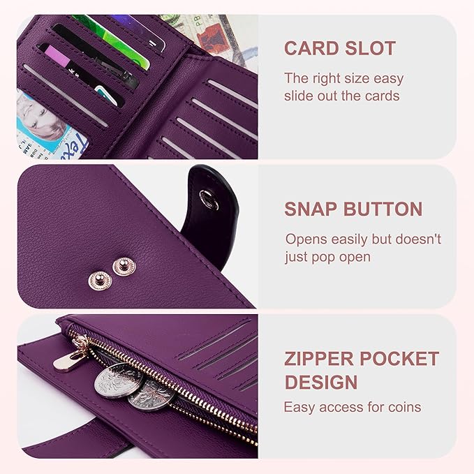 yiijay Womens Wallet RFID Blocking Vegan Leather Trifold Clutch Credit Card Holder Ladies Travel Wallet Purse with Pen Holder