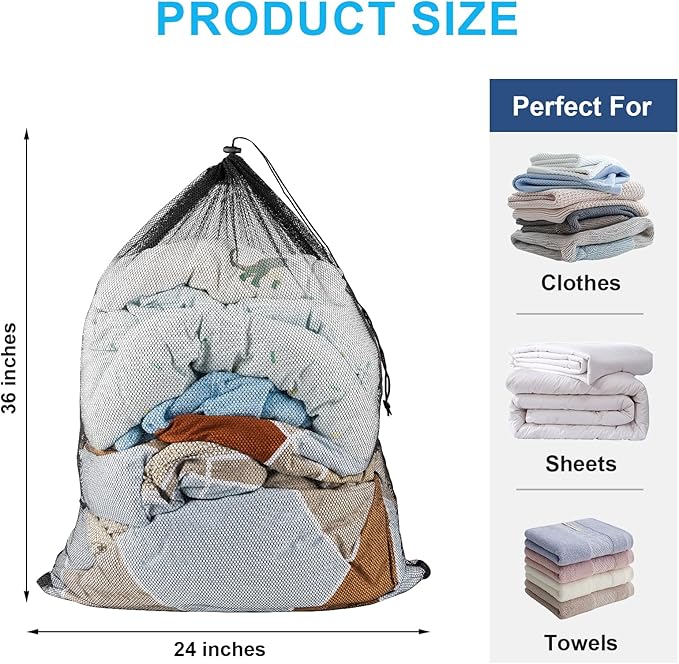 ZHEWTO Large Mesh Laundry Bags: 2 Pack 24" x 36" Heavy Duty Soft Breathable Machine Washable for College Dorm Travel Family Use Black