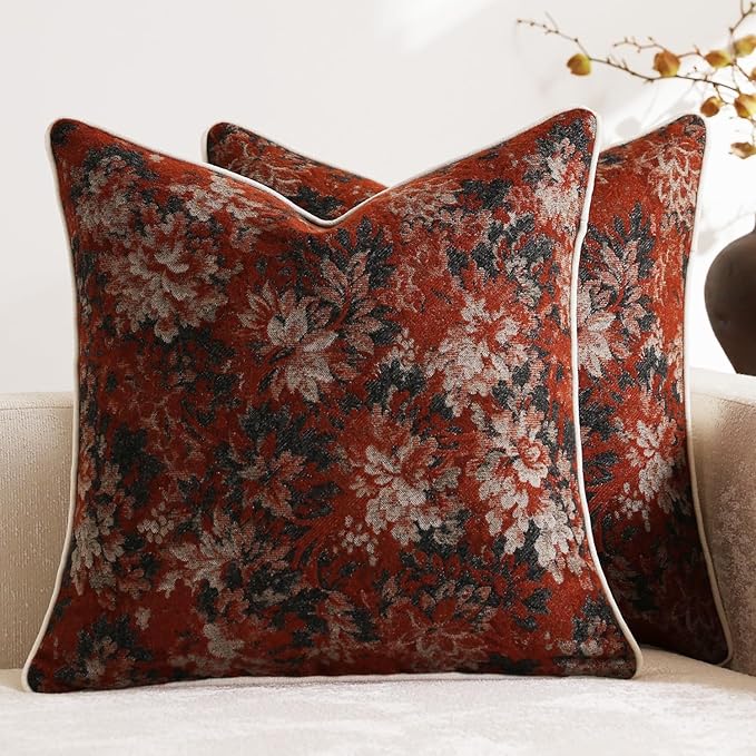 DEZENE Pack of 2 Vintage Floral Euro Sham Covers 26x26 Boho Farmhouse Accents Chenille Square Decorative Throw Pillow Cases for Living Room Couch Bed Home Decor, Rust
