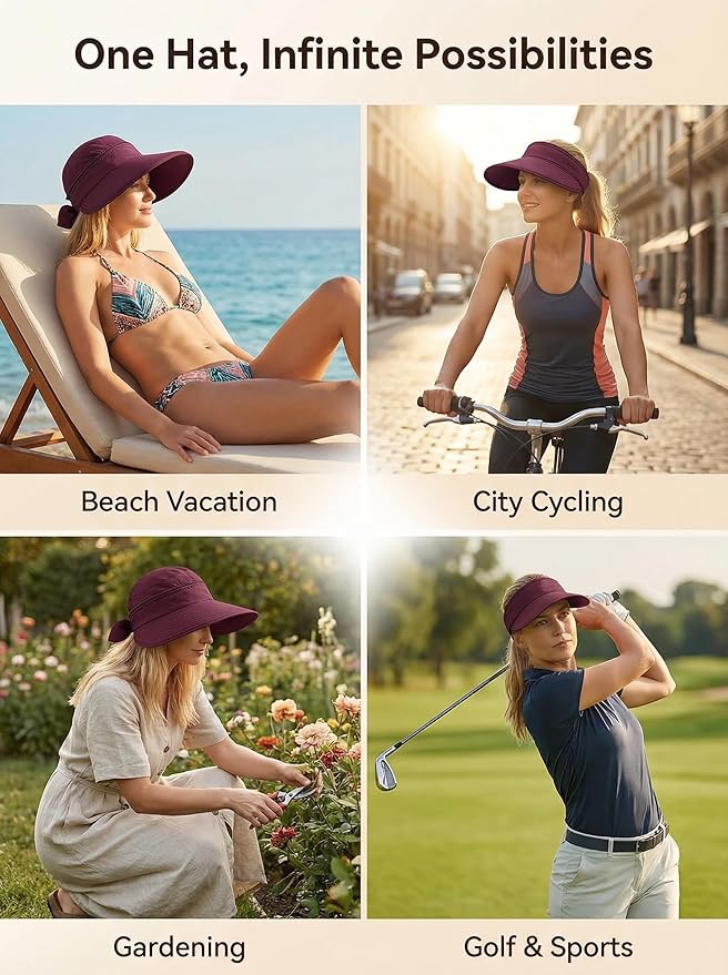 2-in-1 Women’s Sun Visor Sun Hat Zipper Off Ponytail Friendly, Lightweight Quick Dry, Summer UV Protection