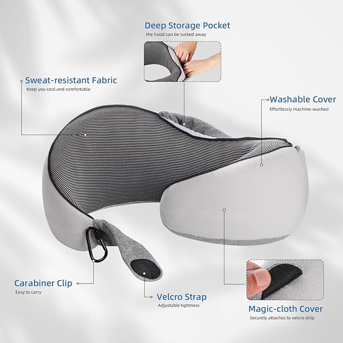 Travel Pillow, Hooded Neck Pillow Airplane for Sleeping, Memory Foam Traveling Pillow for Long Flights, Portable Plane Accessories(Light Gray)