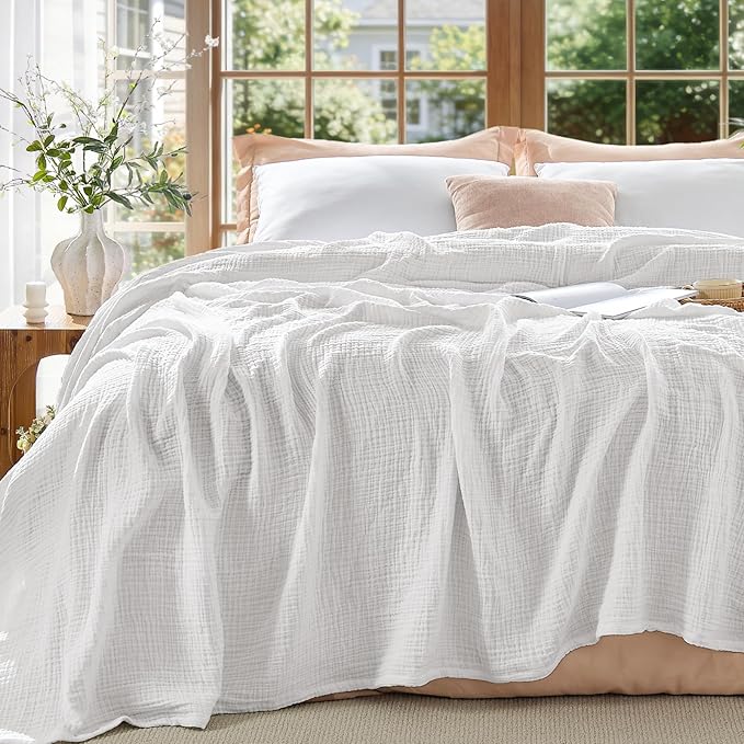 BEDELITE 100% Cotton Muslin Blankets for Adults - 4-Layer Queen Size Breathable and Lightweight Gauze Blanket for Couch, Bed, Travel and Summer, Soft & Cozy Gift for Women, White, 90"x90"