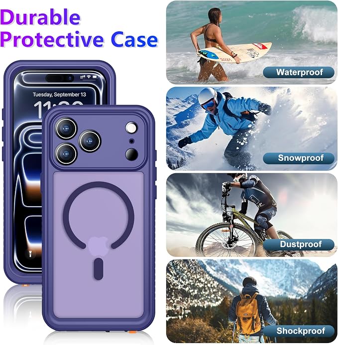 Magnetic Compatible with iPhone 17 Pro Max Case,Waterproof Built-in Screen & Camera Protector IP68 Underwater Full Body Military Dropproof Translucent Matte Phone Case 6.9"-Mag/Purple
