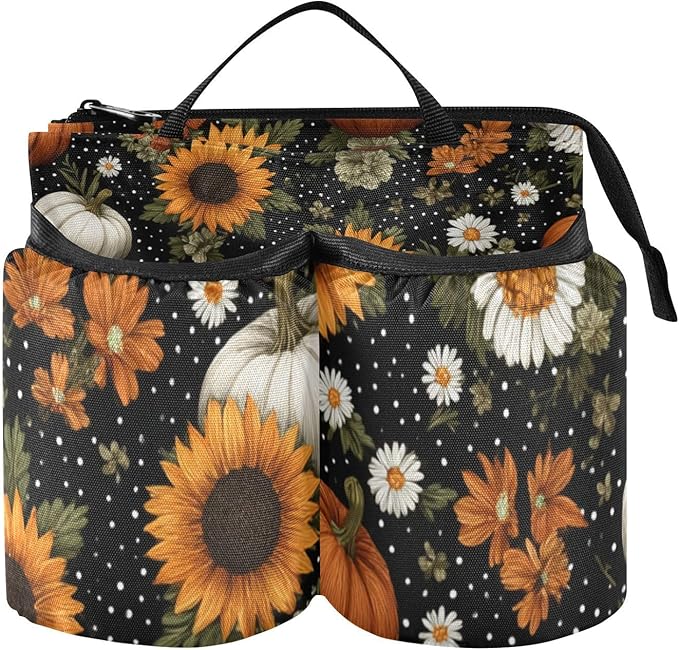 Luggage Cup Holder for Suitcases Free Hands Suitcase Cup Holder Travel Luggage Drink Holder Portable Luggage Cup Caddy Bag Carrier with Handle Black Dotty Pumpkins Sunflowers Daisy