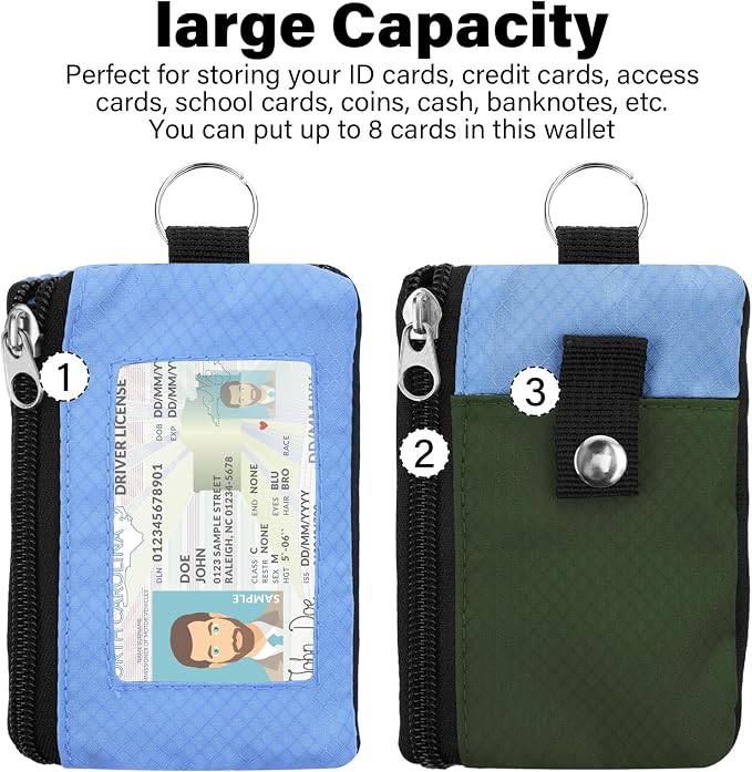 Minimalist RFID Wallet with Lanyard, Multi-Functional ID Case with 2 Zipper Pockets and Key Chain for Men and Women, Tactical Badge Pouch Cards Holder, Coin Purse for Travel Sports - Green&Blue