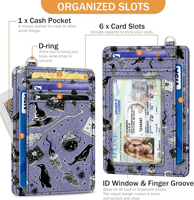 Yonlevres Credit Card Holder Slim Wallet, Magic Goth RFID Wallet Women Front Pocket Small Card Holder Travel Cute Funny Thin Card Case ID Window PU Leather RFID Blocking Card Organizer Gifts Girls