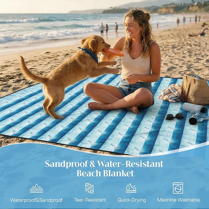 OIGAE Family Beach Blanket, 7×8 ft Sand-Free Picnic Mat for 1–4 People, Quick-Dry Lightweight Outdoor Blanket with Stakes & Corner Pockets, Drift Bottle