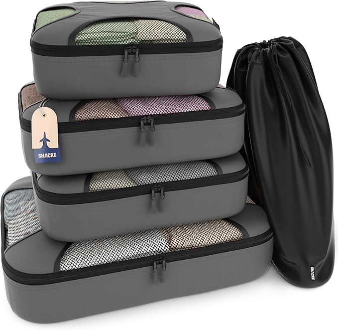 Shacke 5 Set Packing Cubes for Travel – Luggage Organizer & Suitcase Bags with Laundry Bag, Carry On Packing Organizer, Travel Accessories for Women Men (Dark Grey)