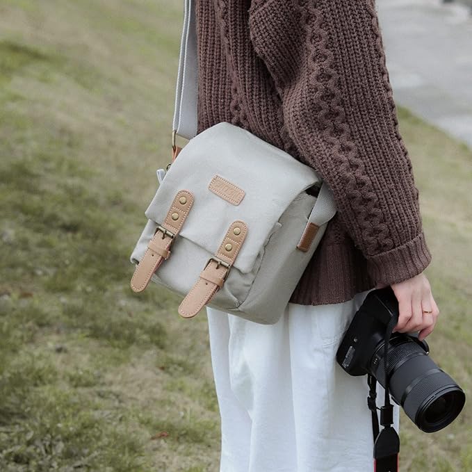 Cwatcun Camera Sling Bag for Women， Small Crossbody Bag Canvas Purse Compatible for Canon, Nikon, Sony Mirrorless Cameras & Lenses Cute Retro Beige