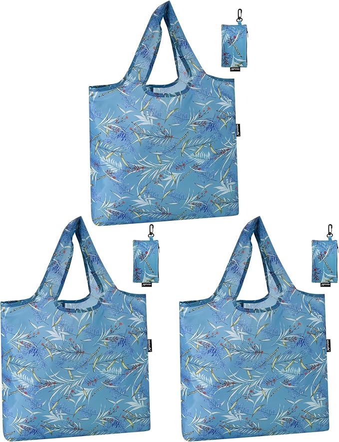 HOLYLUCK Reusable Grocery Bags,Heavy Duty Foldable Shopping Tote Bag (Standard, Blue leaves)