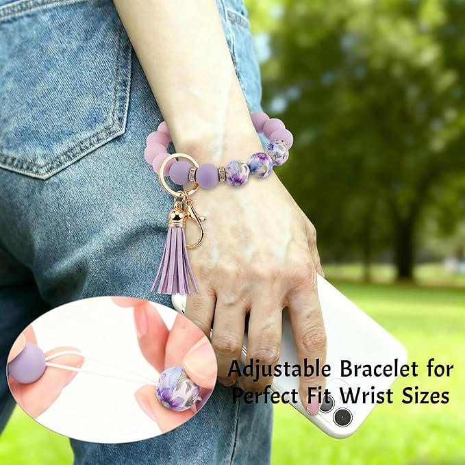 2PCS Bracelet Key Ring Set, Cute Car Key chain Wristlet, Silicone Beaded Bangle keyChains for Women Girls