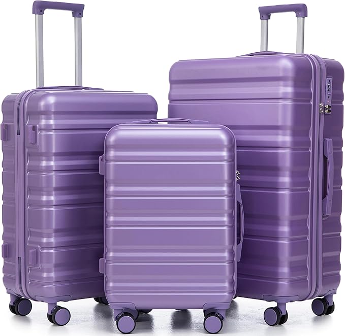 Hardshell Luggage Sets, Lightweight Stripes Suitcases with Spinner Wheels, Purple-181