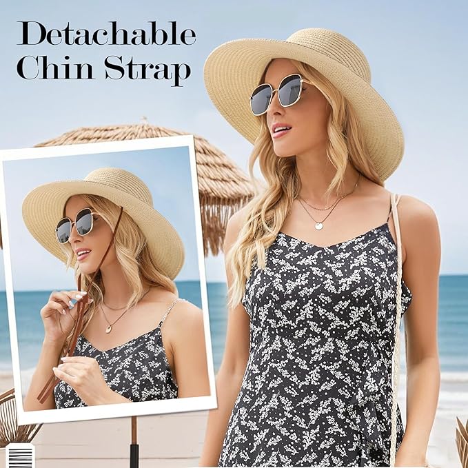 Beach Hat for Women, Wide Brim Sun Straw Hats for Women, Sun Hat Womens UPF 50+ UV Protection, Floppy Foldable Summer Hats
