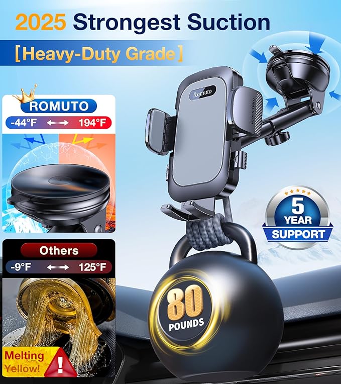 Romuto Phone Holders for Your Car Phone Holder Mount【Super Suction】 Cell Phone Mount for Car Accessories for Women Men Windshield/Vent/Dash Truck Stand Desk Mount Clamp Holder for iPhone Samsung