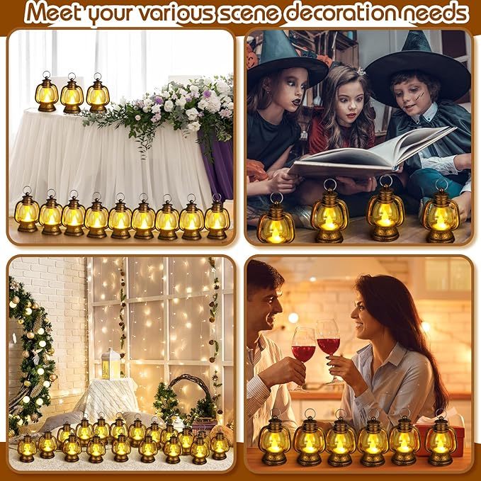 Ferraycle 48 Pcs Mini Lantern Decor 4 Inch Western Lantern Table Centerpiece Small Vintage Camping Hanging Lamp Ornaments Bulk for Cowboy Cowgirl Wedding Halloween Christmas (4 Inch,Retro Gold)
