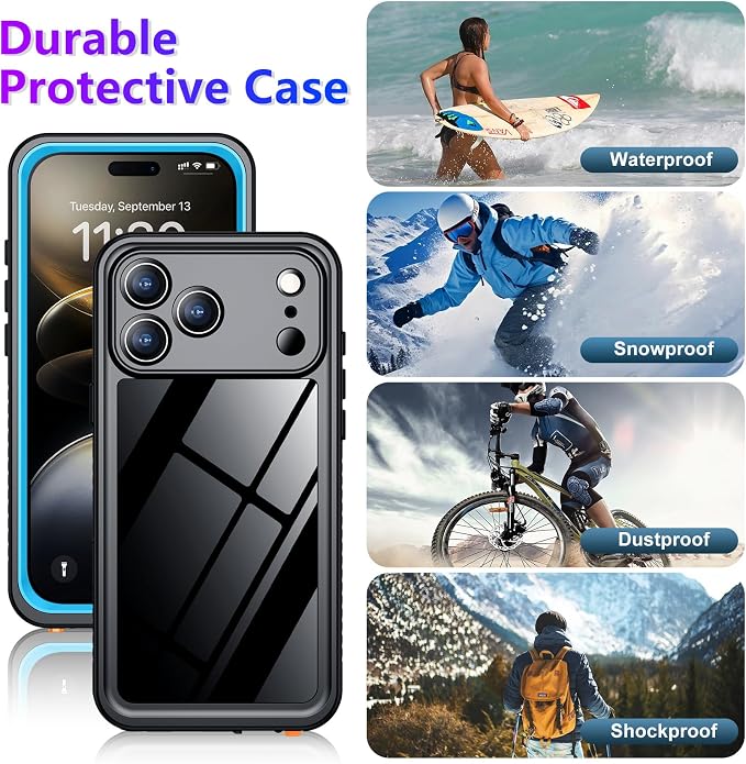 Compatible with iPhone 17 Pro Max Case,Waterproof Built-in Screen & Camera Protector IP68 Underwater Full Body 17FT Military Dropproof Shockproof Phone Case 6.9"-Blue/Clear