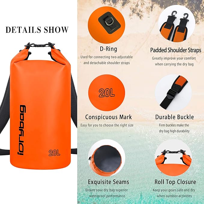 IDRYBAG Dry Bag for Kayaking Waterproof 2L/5L/10L/15L/20L, Small Dry Sack Waterproof Bag for Boating
