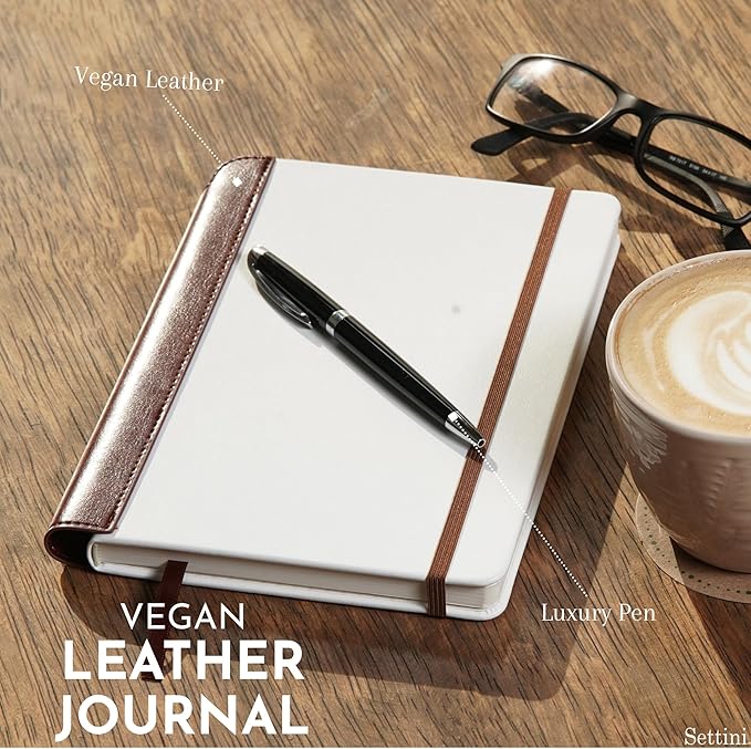 SETTINI® Lined Journal - Modern White Journal for Writing Gift Set - Hardcover Vegan Leather, Includes Luxury Pen in a Unique Pen Holder, 192 Pages, 6 x 8.5 inches, Fathers Day Gift