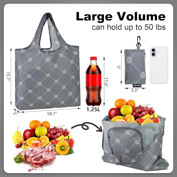 HOLYLUCK Reusable Grocery Bags,Heavy Duty Foldable Shopping Tote Bag (Standard, Grey square)