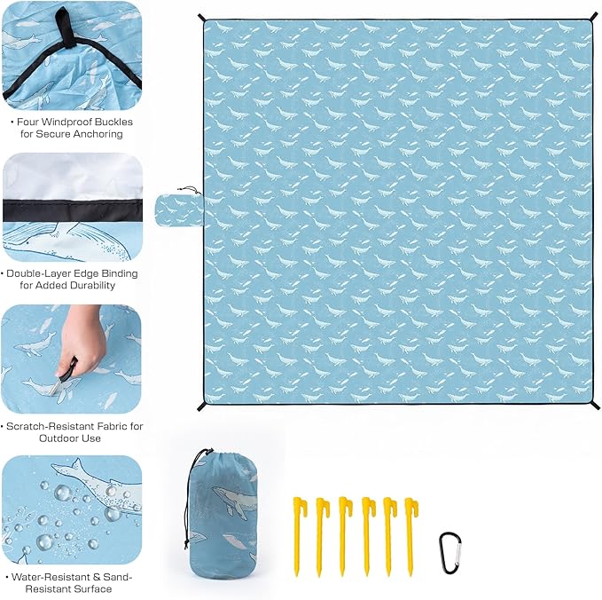 OIGAE 7x7ft Sandproof Beach Blanket - Large Waterproof Picnic Mat for 3-4 People, Lightweight Sand Free Mat for Summer Vacation with 6 Stakes & 4 Corner Pockets for Beach, Camping, Festivals