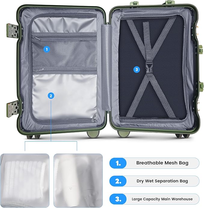 24 Inch Checked Luggage with Cup Holder, Aluminum Frame PC Hard Shell Suitcase, 360° Spinner Wheels, TSA Lock for Short Trips and Business Travel