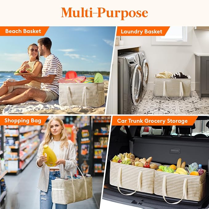 Lifewit 3 Pack Extra Large Tote Bag, Reusable Grocery Bags with Metal Wire Frame and Handles, Standing Utility Foldable Shopping Bags for Storage, Picnics, Beach, Pool, Laundry, Car, Camping, Beige