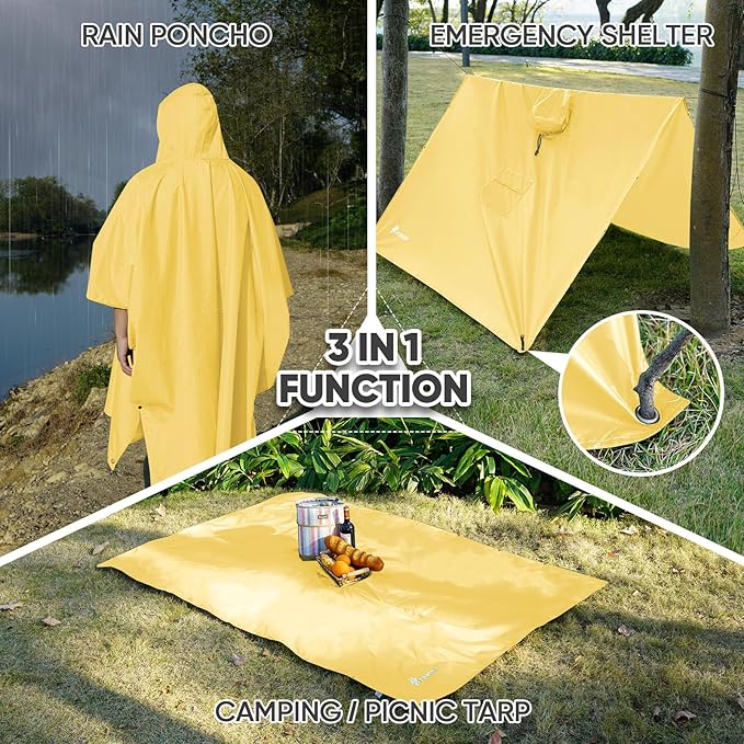 PTEROMY 3-in-1 Hooded Rain Poncho for Adult with Pocket, Waterproof Lightweight Unisex Raincoat for Hiking Camping Emergency